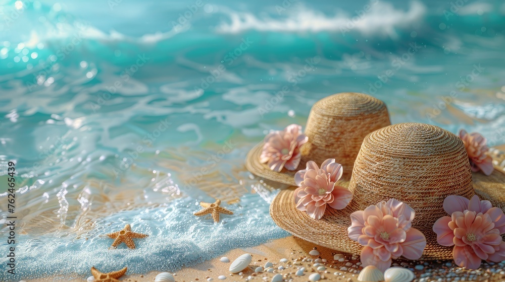 two straw hats, delicate pink flowers, and starfish on a sandy beach ...