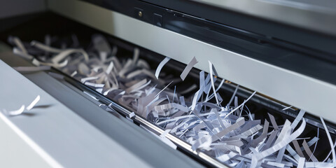 Paper Shredder in Action. A close-up view of shredded paper texture accumulating as it exits a modern shredder, copy space.