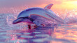 A graceful dolphin emerges from shimmering waters colored by the hues of a sunset, creating a serene scene.