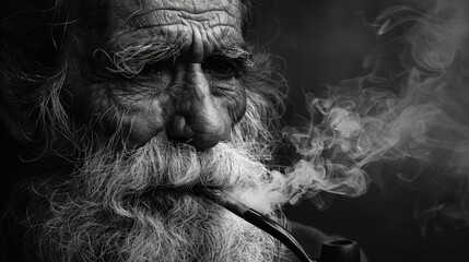 Wall Mural - black and white portrait of an old bearded man smoking a pipe