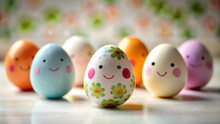 Diseño De La Fiesta De Pascua. Divertidos Huevos Pintados A Mano Sobre Fondo De Colores. Huevos Con Caras Pintadas Para Fiesta.
