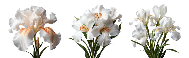 Wall Mural - White iris flower set PNG. Set of white iris flowers isolated. White iris flower PNG. White iris flower blooming. Iris flower PNG. White flower. Iris flower top view PNG. Iris flower flat lay PNG. Gar