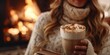 Girl holding cacao with whipped cream. Christmas holiday concept. Holiday background. Cold retro tone.