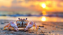 Funny Crab Arthropod Looks On Sunrise In The Early Morning Time. Animals And Save Nature Concept Image.