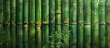 A Detailed Shot Showcasing A Bamboo Fence With A Vibrant Terrestrial Plant Emerging From It, Creating A Beautiful Natural Pattern Against The Wood And Metal Composite Material