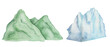 Watercolor set of illustrations. Hand painted green mountain, hill in grass. Blue, white iceberg, floating ice. Ice floe. Glacier in sea, Arctic ocean, Antarctic. Alpinism. Isolated nature clip art