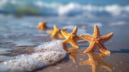 Ocean treasures with starfish and shells on a pebbled beach at sunrise