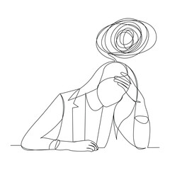 Wall Mural - Continuous single line sketch drawing of business woman in depression, stressed, and despair. One line art vector illustration