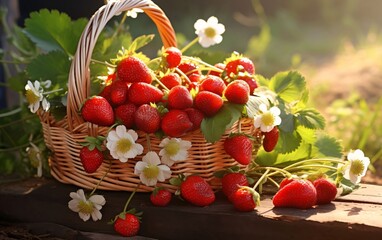 Wall Mural - Wicker basket full of white flowers and red strawberries in the background green leaves. Flowering flowers, a symbol of spring, new life.