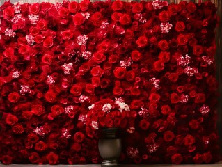 Wall Mural - Wall lined with red and pink heads, flowers, rose petals. Flowering flowers, a symbol of spring, new life.