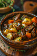 A delicious dish of beef stew with potatoes and carrots served on a wooden table, showcasing the ingredients and expertise of the cookware and bakeware used in preparing this hearty cuisine