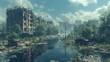 A haunting yet beautiful post-apocalyptic urban landscape where nature reclaims the city, with overgrown buildings and tranquil waterways.
