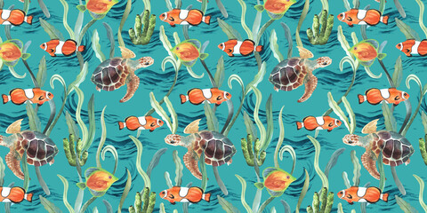 Wall Mural - Watercolor seamless pattern with turtles and tropical fish, seaweed, water. Ocean background. Summer ornament. Sea life. Fabric, textile design. Hand drawn. turquoise background