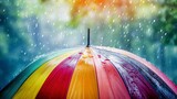 Fototapeta Tęcza - Colorful umbrella with raindrops set against a soft-focus natural background