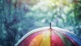 Fototapeta Tęcza - Vibrant multicolored umbrella stands out against a rainy backdrop