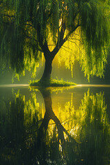 Wall Mural - willow tree by the pond in the sunlight