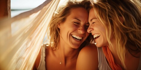 Happy lesbian couple in a hammock. Girls relax in nature, laugh with happiness. Generative AI.