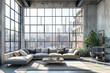 High large windows at loft style apartment in New York city, large spacious living room AI Generation