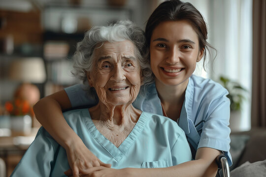 cheerful nurse hugging smiling senior woman