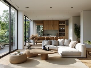 Modern living room interior with natural light, elegant furniture, and open space design ideal for relaxing or hosting guests