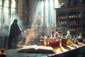 old book with magic potion in old laboratory