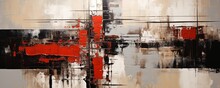 Black And Red Painting, In The Style Of Orange And Beige, Luxurious Geometry, Puzzle-like Pieces