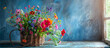 wildflowers in Rustic basket with blue background