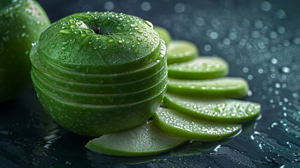 Wall Mural - Vibrant green Granny Smith apples with fresh slices on a dewy surface