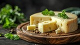 Fototapeta Lawenda - A Piece of Cheese on a Wooden Plate