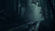 An atmospheric foggy road in a mysterious forest, with the mist adding a sense of mystery and tranquility.
