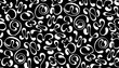 Seamless abstract Y2K-inspired pattern with white fluid numbers in a twisting shape and droplet ends on a black background, ideal for modern retro fashion and design