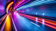 High-Speed Motion on Highway at Night, Fast Car Travel, Urban Road with City Lights