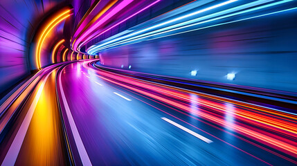 Wall Mural - High-Speed Motion on Highway at Night, Fast Car Travel, Urban Road with City Lights