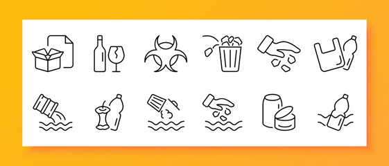 Garbage icon set. Toxic waste, tank, plastic bottle, organic waste, water, lake, river. Black icon on a white background. Vector line icon for business and advertising