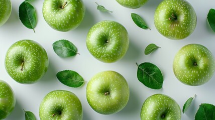 Wall Mural - Fresh green apples arranged neatly on a clean white surface with leaves