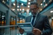 © AiHRG Design - A businessman in a sleek suit and tie is engrossed in viewing insurance options on a digital tablet.