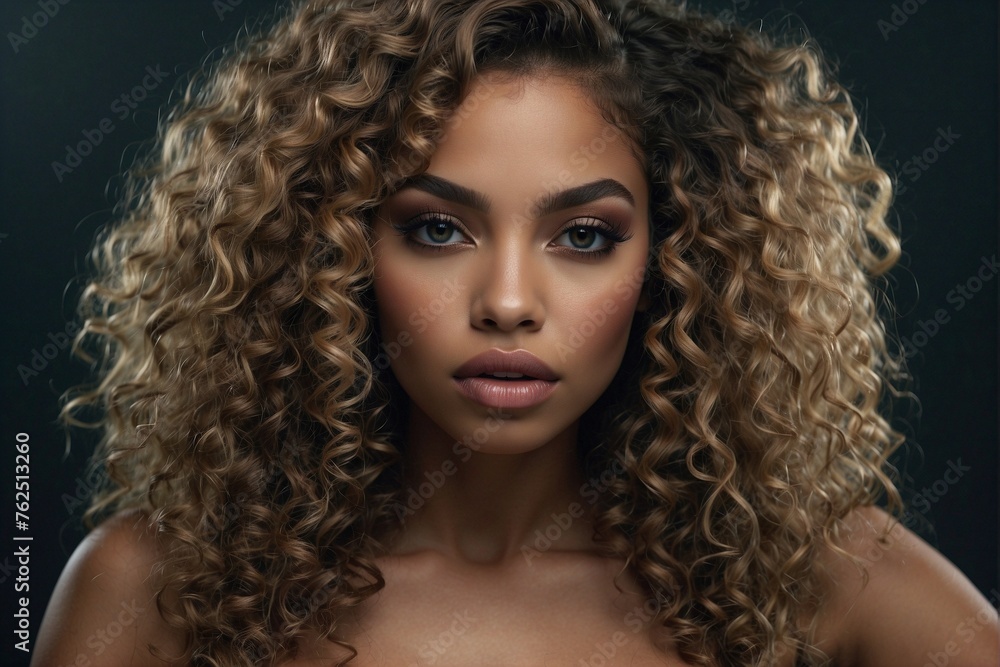 Beautiful African American Woman with Curly Hair: Perfect Makeup and ...