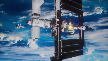 Wall Mural - breathtaking sight of the sunlit space station observed from a satellite revolving around the planet. elements furnished by NASA