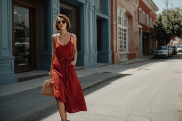 Young Woman Walking in the City in a Red Summer Dress