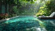 Serene pool nestled in a lush garden bathed in the warm glow of morning sunlight