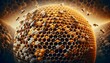 Honeycomb structure, highlighting its hexagonal pattern and the intricate network of cells filled with honey and pollen.