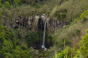 Wall Mural - Beautiful waterfall Salto da Farinha falling from rocks in lush green rainforest vegetation, Sao Miguel island, Azores, Portugal