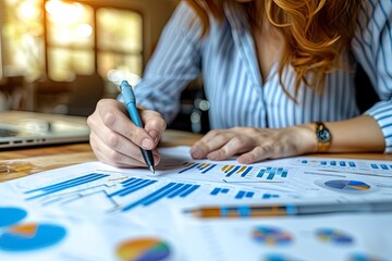 Poster - Businesswoman Reviewing Financial Charts And Graphs
