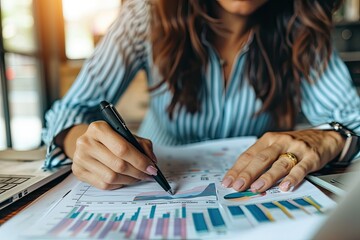 Poster - Businesswoman Reviewing Financial Charts And Graphs