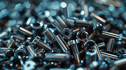 High detail close-up of shiny metal fasteners piled together with a neutral background