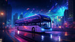 A city night bus under a starry sky, with the city's neon signs and streetlights creating a colorful HDR scene.