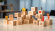  A conceptual CRM system represented by wooden blocks with icons for targeting and engaging customers