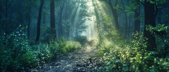 Wall Mural - Sunlit Forest Path, Misty Morning Light Through Trees, Serene Nature Walk