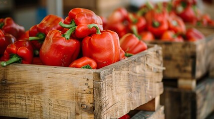 Wall Mural - harvest of red peppers in a wooden box, Natural organic