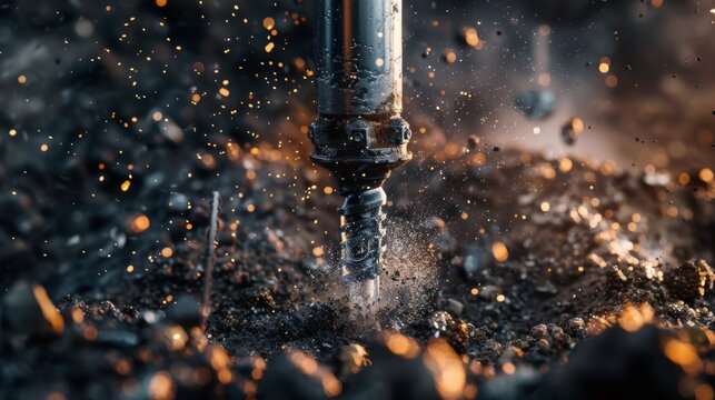 close-up shot of the drilling rig's drill bit penetrating the ground, creating a hole for a bored pi